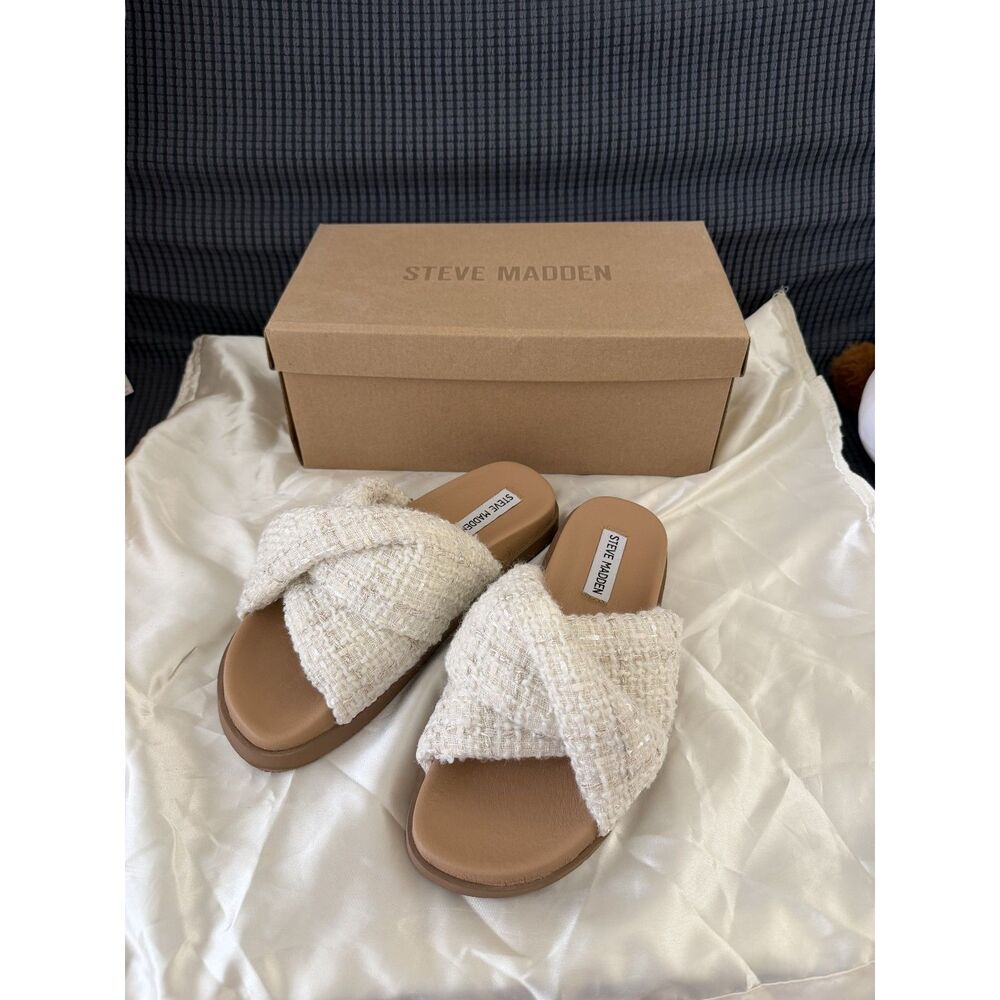 Steve Madden Joyce White Tweed Slide Sandals - Size 7 - New